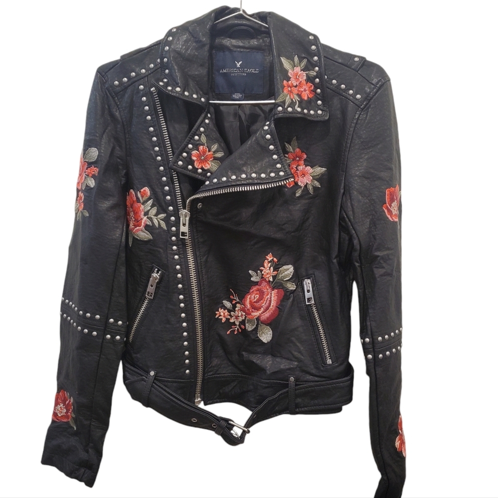 AEO American Eagle Floral Embroidered Faux Leather Moto Jacket Black NEW Medium